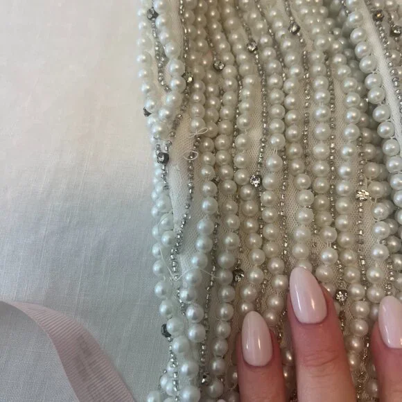 Mac Duggal White Pearl Beaded Square Neck Mini Dress (Size 0) - Picture 5 of 7